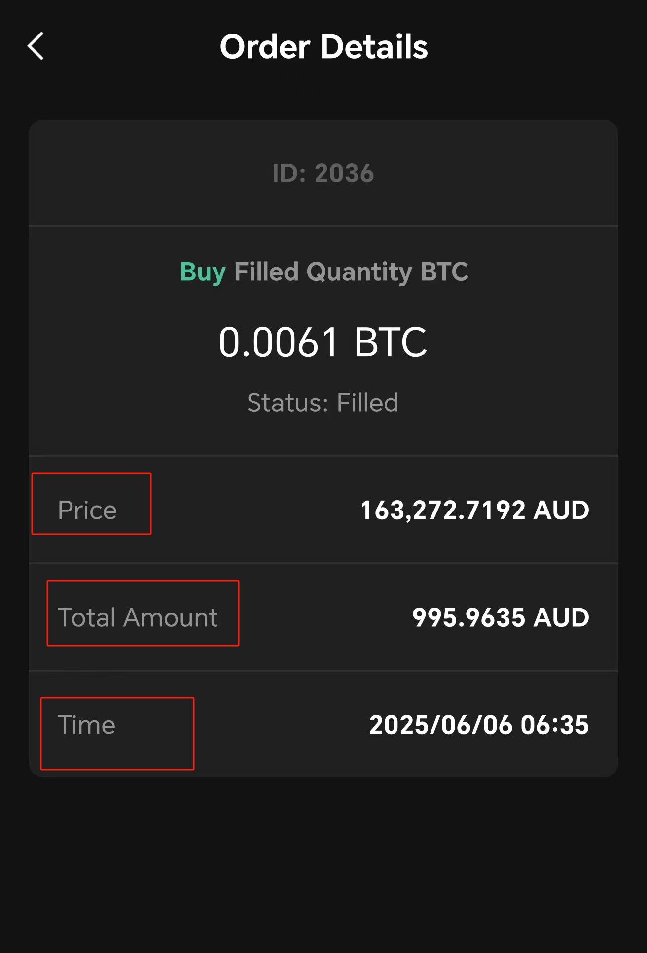 Order Details view in app