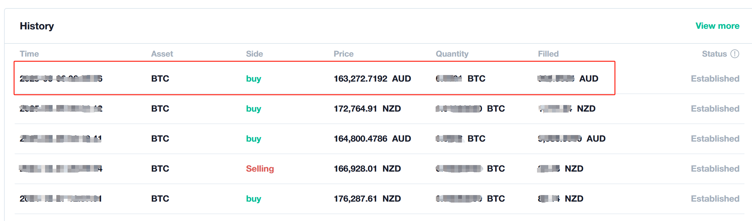 Web sell trade history